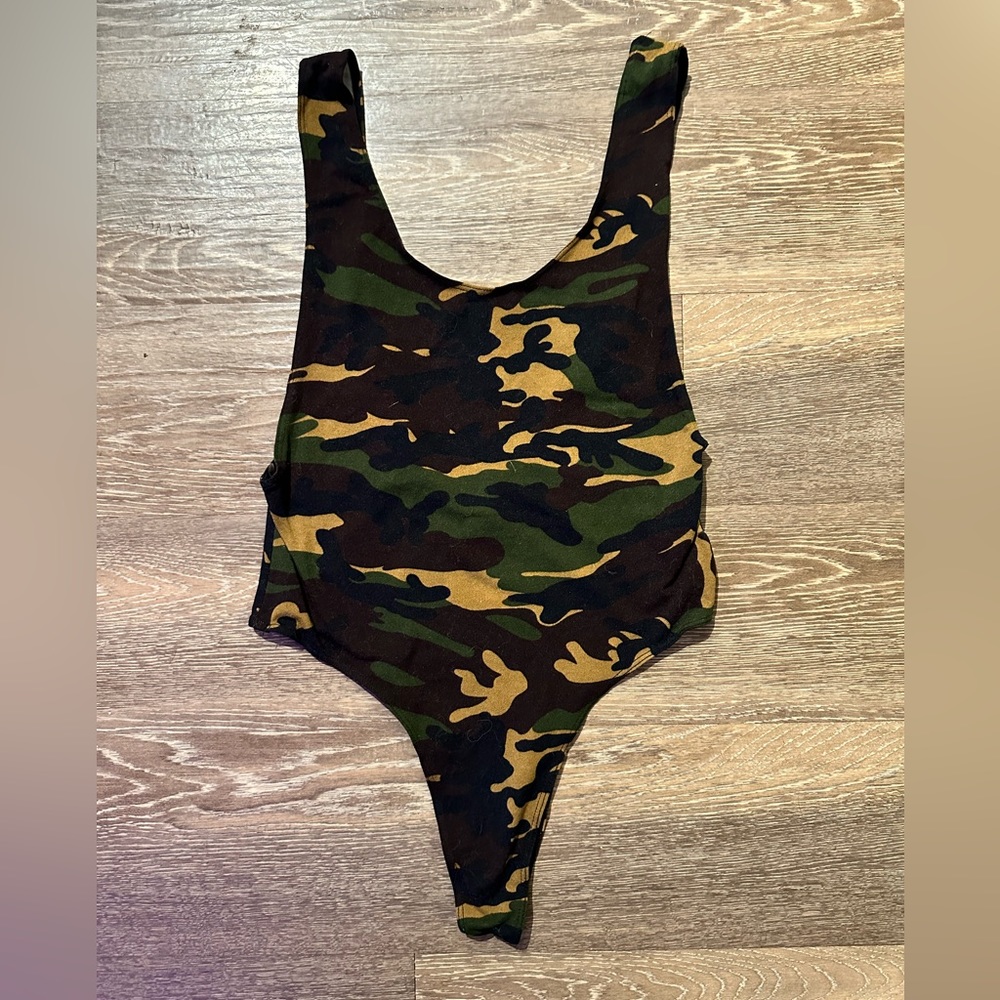 Camo Scoop Back Body Suit from Fashion Nova